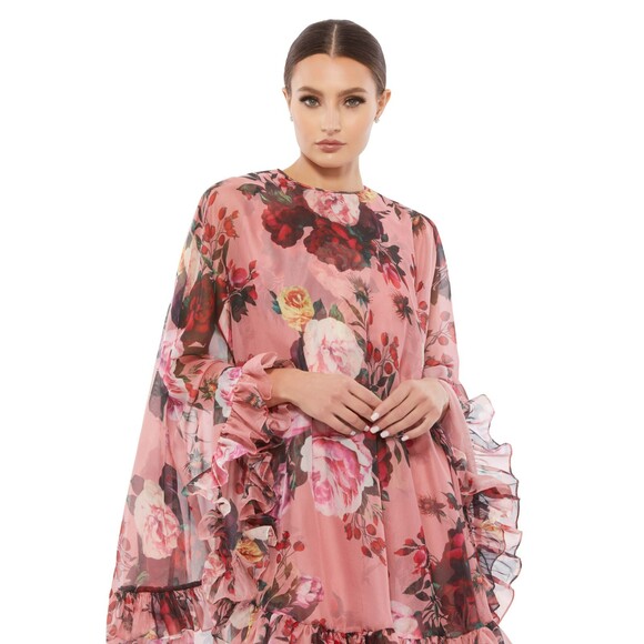 NWT Mac Duggal 55404 Rose Floral Print Ruffle Hem Cape Mini Dress Chiffon Size 4 - Picture 1 of 9